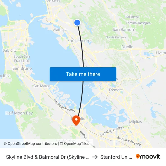 Skyline Blvd & Balmoral Dr (Skyline High School) to Stanford University map