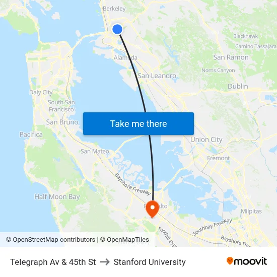 Telegraph Av & 45th St to Stanford University map