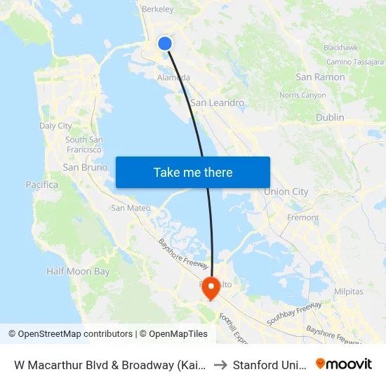 W Macarthur Blvd & Broadway (Kaiser Hospital) to Stanford University map