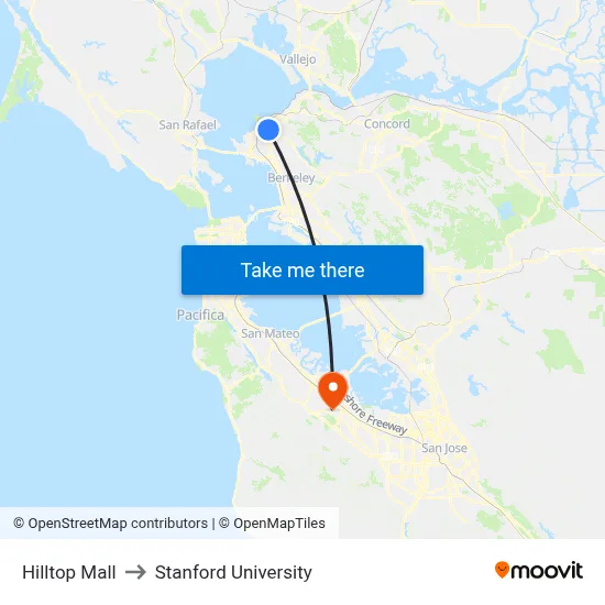 Hilltop Mall to Stanford University map