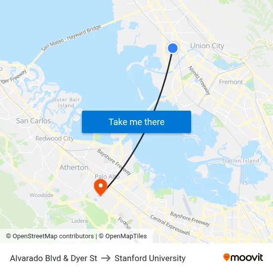 Alvarado Blvd & Dyer St to Stanford University map