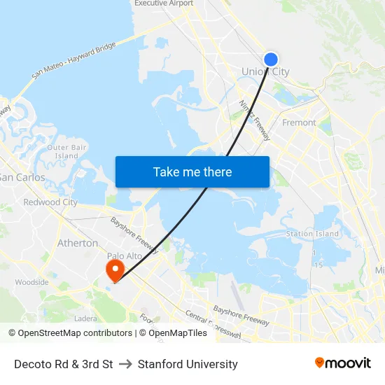 Decoto Rd & 3rd St to Stanford University map