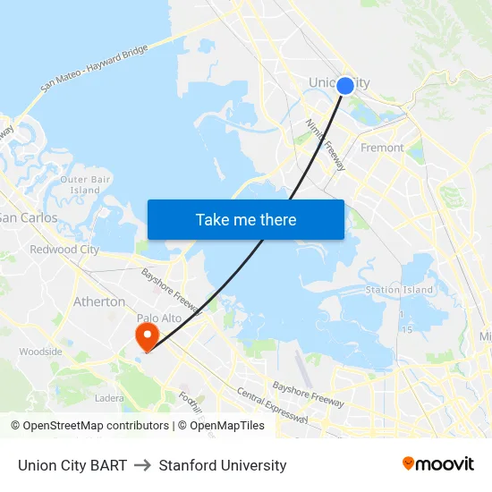Union City BART to Stanford University map