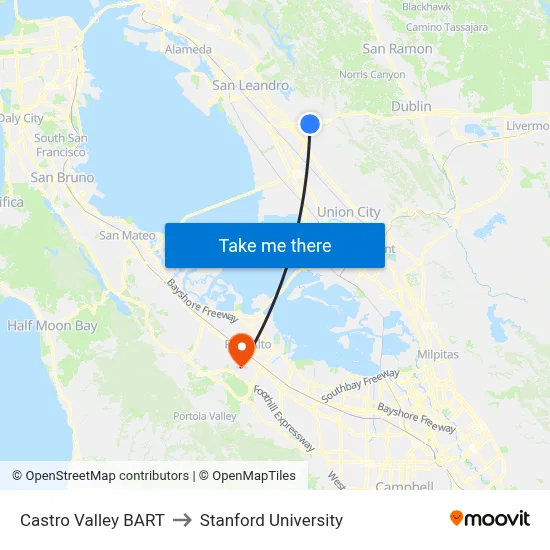 Castro Valley BART to Stanford University map