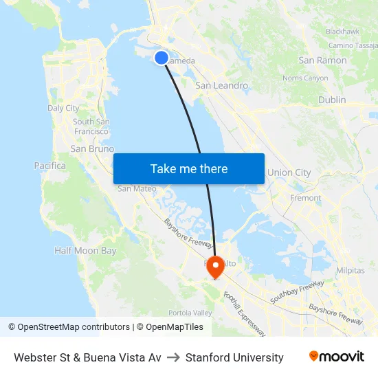 Webster St & Buena Vista Av to Stanford University map