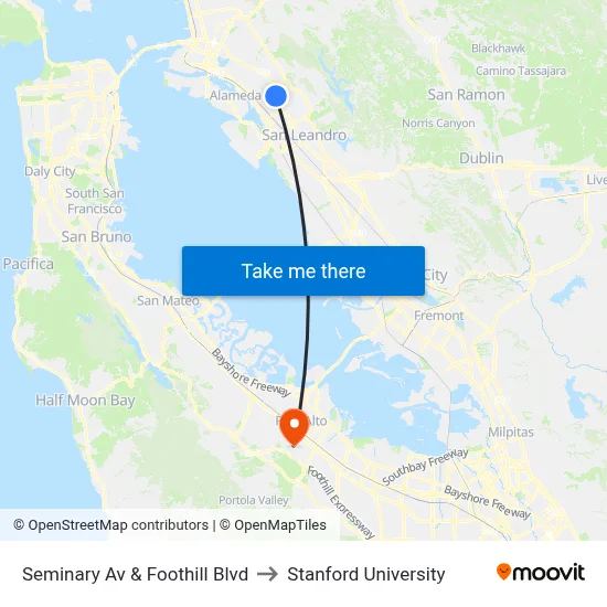 Seminary Av & Foothill Blvd to Stanford University map