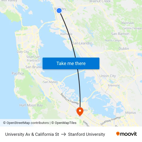 University Av & California St to Stanford University map