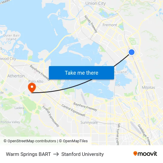 Warm Springs BART to Stanford University map