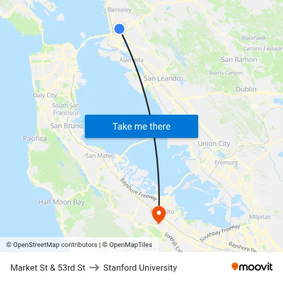 Market St & 53rd St to Stanford University map