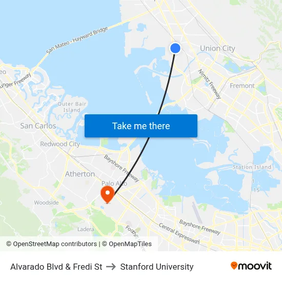 Alvarado Blvd & Fredi St to Stanford University map