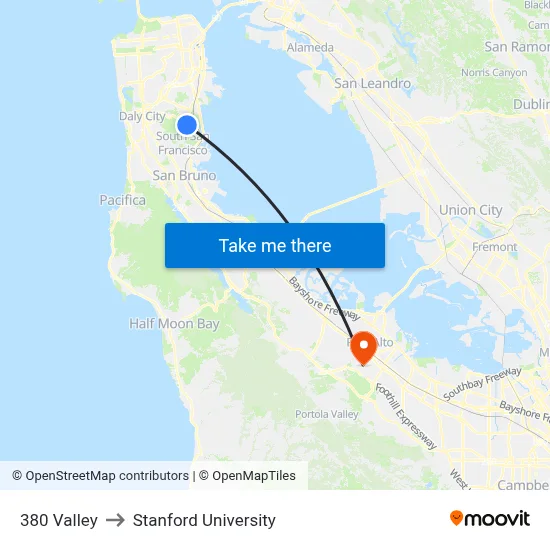 380 Valley to Stanford University map