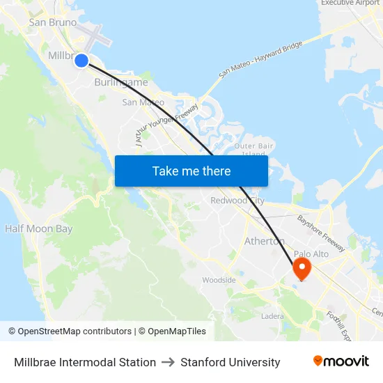 Millbrae Intermodal Station to Stanford University map