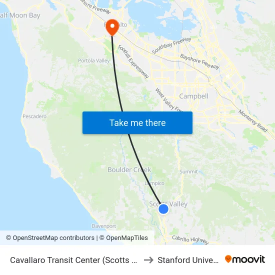 Cavallaro Transit Center (Scotts Valley) to Stanford University map