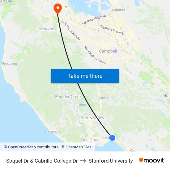 Soquel Dr & Cabrillo College Dr to Stanford University map