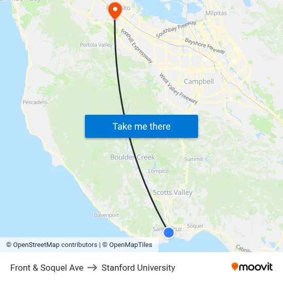 Front & Soquel Ave to Stanford University map