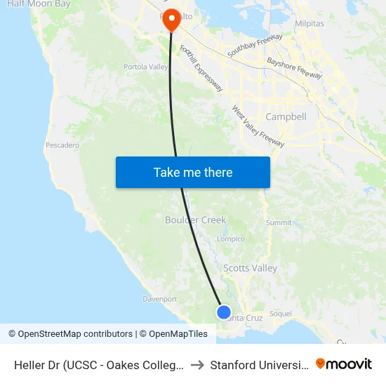 Heller Dr (UCSC - Oakes College) to Stanford University map