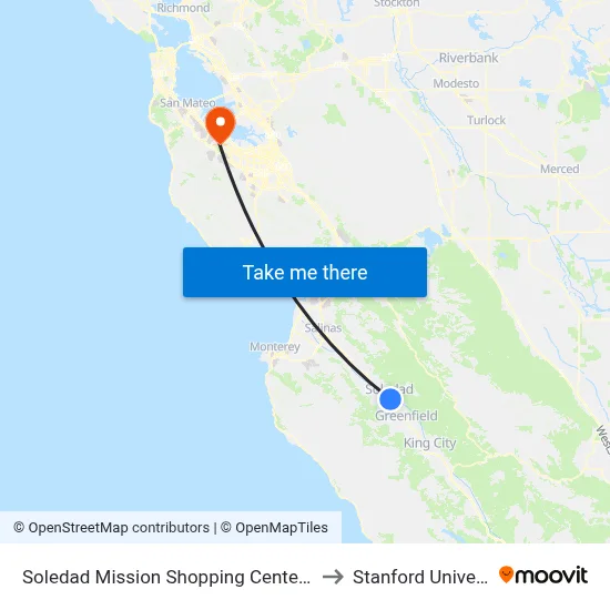 Soledad Mission Shopping Center (East) to Stanford University map
