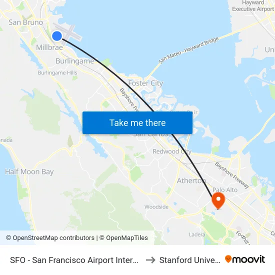 SFO - San Francisco Airport International to Stanford University map