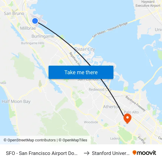 SFO - San Francisco Airport Domestic to Stanford University map