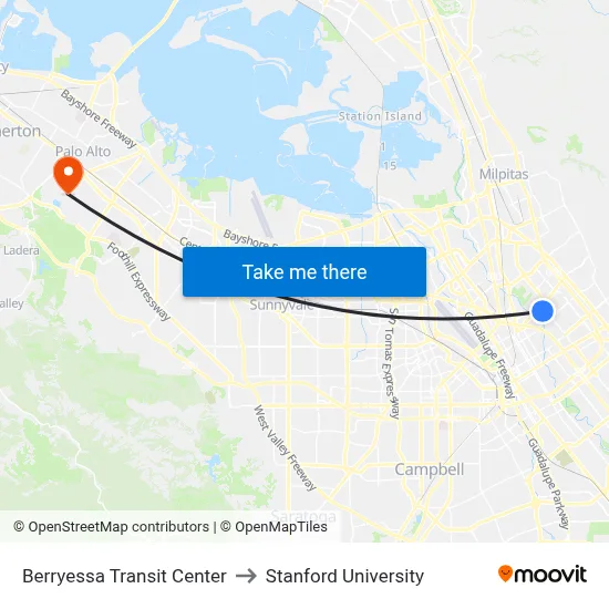 Berryessa Transit Center to Stanford University map