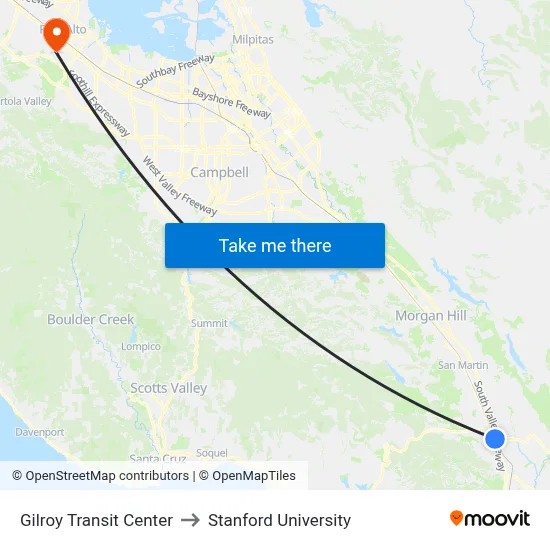 Gilroy Transit Center to Stanford University map