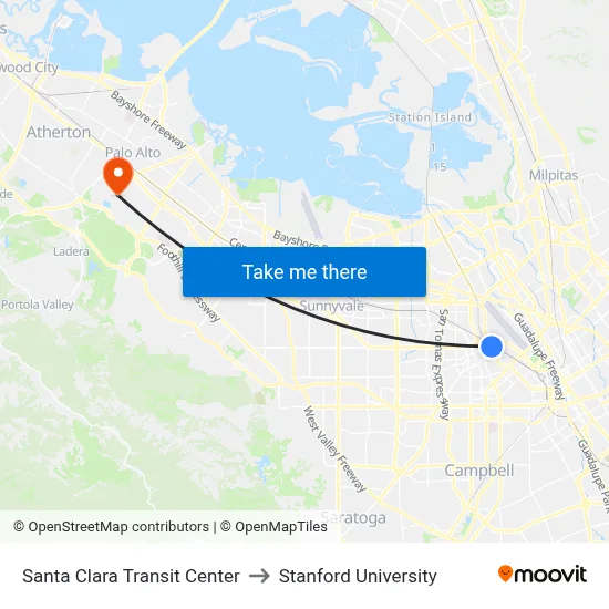 Santa Clara Transit Center to Stanford University map