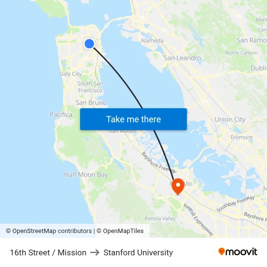 16th Street / Mission to Stanford University map