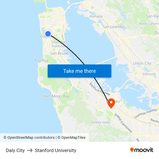 Daly City to Stanford University map