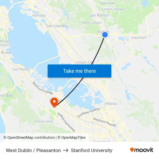 West Dublin / Pleasanton to Stanford University map