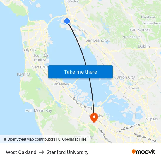 West Oakland to Stanford University map