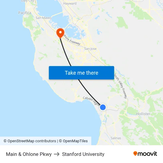 Main & Ohlone Pkwy to Stanford University map