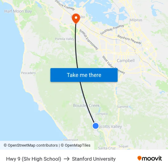Hwy 9 (Slv High School) to Stanford University map