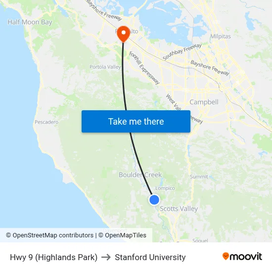 Hwy 9 (Highlands Park) to Stanford University map