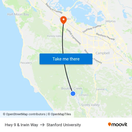 Hwy 9 & Irwin Way to Stanford University map