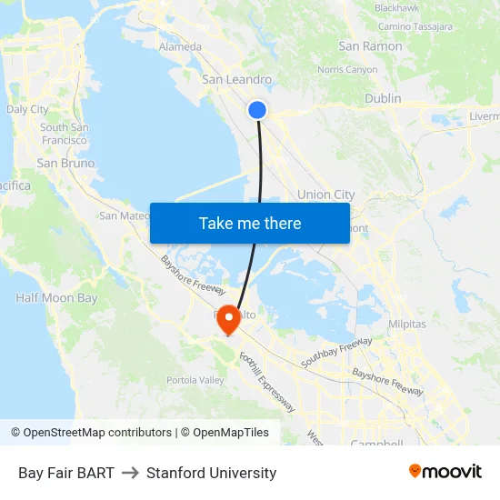 Bay Fair BART to Stanford University map