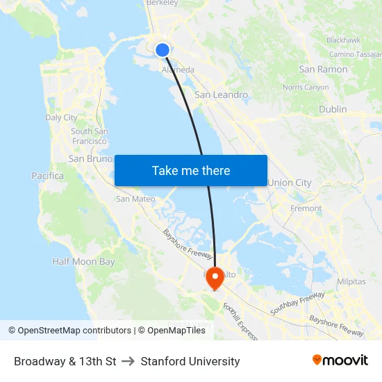 Broadway & 13th St to Stanford University map
