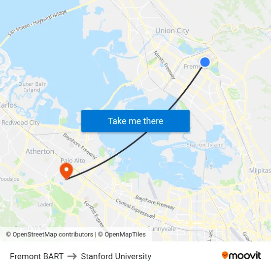 Fremont BART to Stanford University map