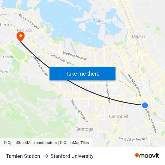 Tamien Station to Stanford University map
