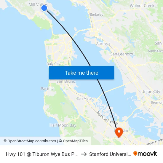 Hwy 101 @ Tiburon Wye Bus Pad to Stanford University map