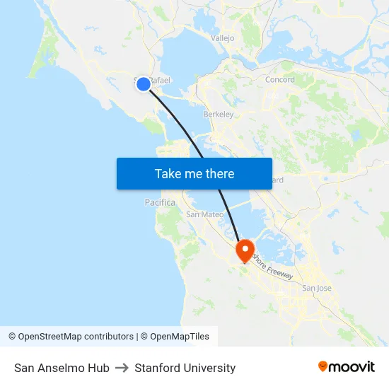 San Anselmo Hub to Stanford University map