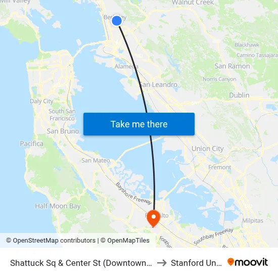 Shattuck Sq & Center St (Downtown Berkeley BART) to Stanford University map