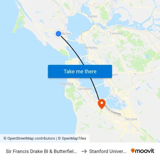 Sir Francis Drake Bl & Butterfield Rd to Stanford University map