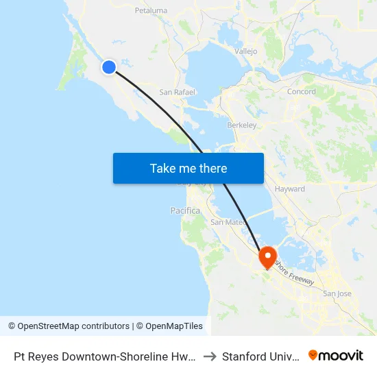 Pt Reyes Downtown-Shoreline Hwy & 3rd St to Stanford University map