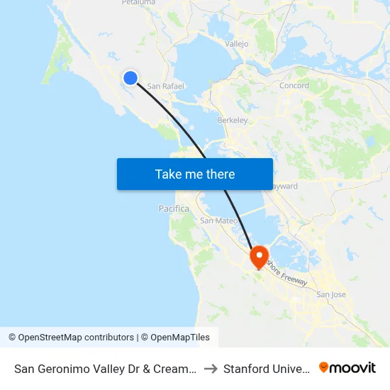 San Geronimo Valley Dr & Creamery Rd to Stanford University map
