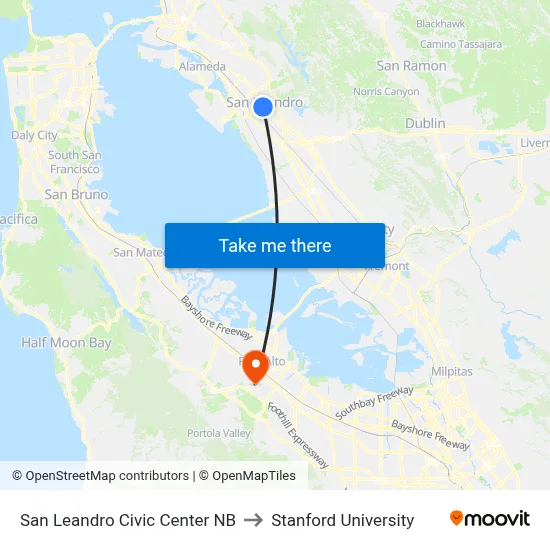 San Leandro Civic Center NB to Stanford University map