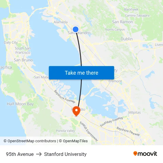 95th Avenue to Stanford University map
