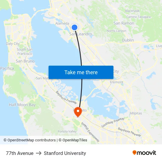 77th Avenue to Stanford University map