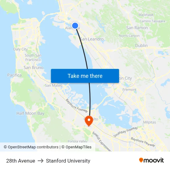 28th Avenue to Stanford University map
