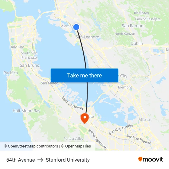 54th Avenue to Stanford University map
