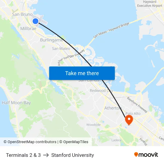 Terminals 2 & 3 to Stanford University map